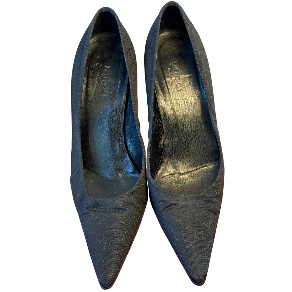 Vintage Gucci Womens 5 B Black Monogram Grosgrain Pointy Heels Classic Cocktail